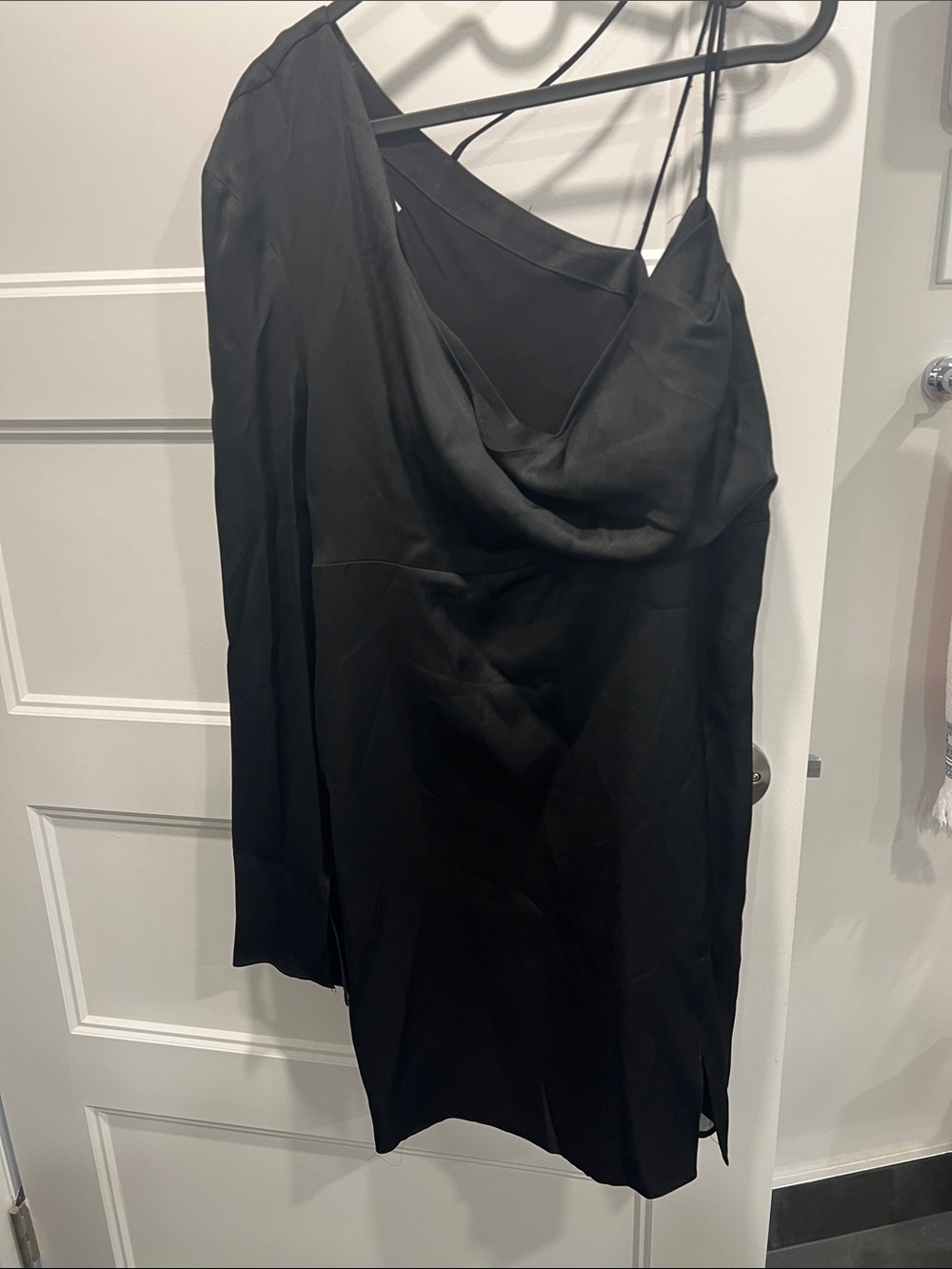 Mango Black One-Shoulder Slip Dress with Draped Neckline